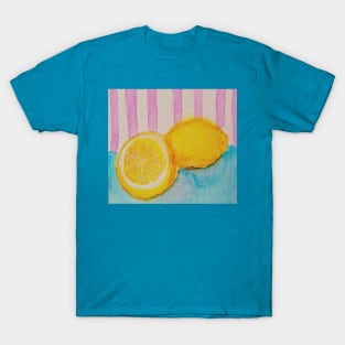 Watercolor lemons on blue table with striped pink background T-Shirt